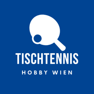 Tischtennis Hobby Wien Logo, blauer Hintergrund und weißer Schriftzug. Weißer Tischtennisschläger