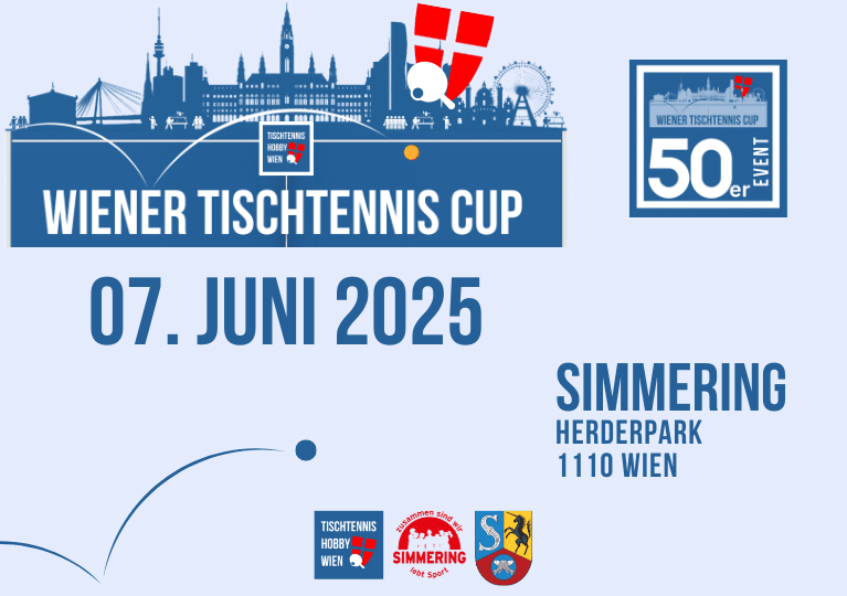 Plakat zur Ankündigung des nächsten Wiener Tischtennis Cups im Herderpark, Wien-Simmering. Unterstützt vom Bezirksvorsteher Herrn Steinhardt, der mit dem Event den öffentlichen Raum beleben möchte. Veranstalter ist Tischtennis Hobby Wien.