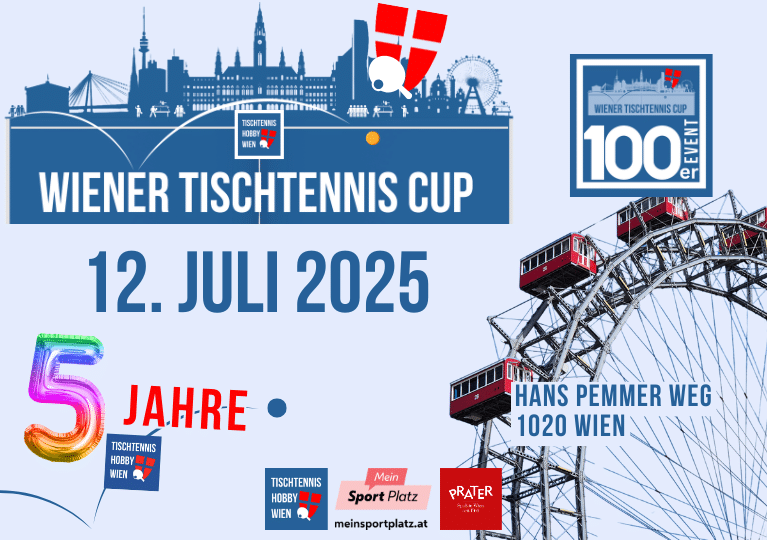 Plakat zur Ankündigung eines besonderen Tischtennis-Highlights 2025: Spielen vor dem Wiener Riesenrad. Tischtennis Hobby Wien lädt erneut zu einem außergewöhnlichen Cup vor Wiens Wahrzeichen – und feiert dabei zugleich sein 5-jähriges Jubiläum. Ein Event, das keine andere Tischtennis-Gemeinschaft in Wien zwei Mal an diesem Ort erlebt hat.