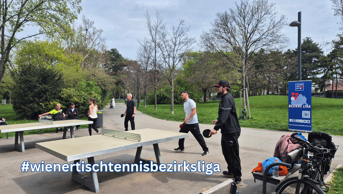 Spielerinnen und Spieler der Wiener Tischtennis BezirksLIGA in Aktion bei spannenden Bezirksbegegnungen im Park. Tischtennis unter Freunden