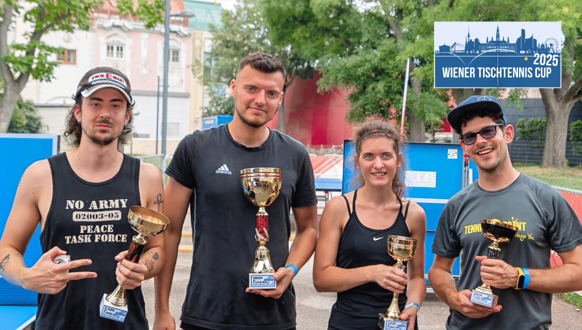 Die Sieger des 9. Events des Wiener Tischtennis Cups 2025 vor dem Wiener Riesenrad: von links nach rechts – M. Riglthaler, M. Ponjarac, B. Ruprechtshofer, M. Krammer.