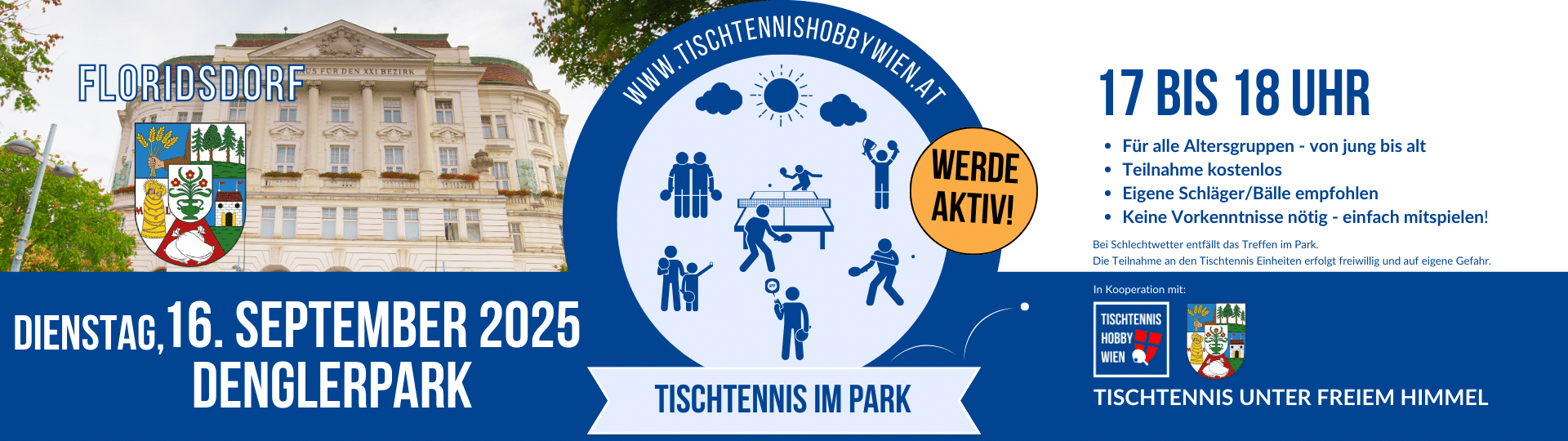 Tischtennis im Park - eine gemeinsame Aktion von Tischtennis Hobby Wien, dem Bezirk Floridsdorf. Gemeinsam für mehr Bewegung, Aktivität und soziale Begegnung in Wiens Parks.