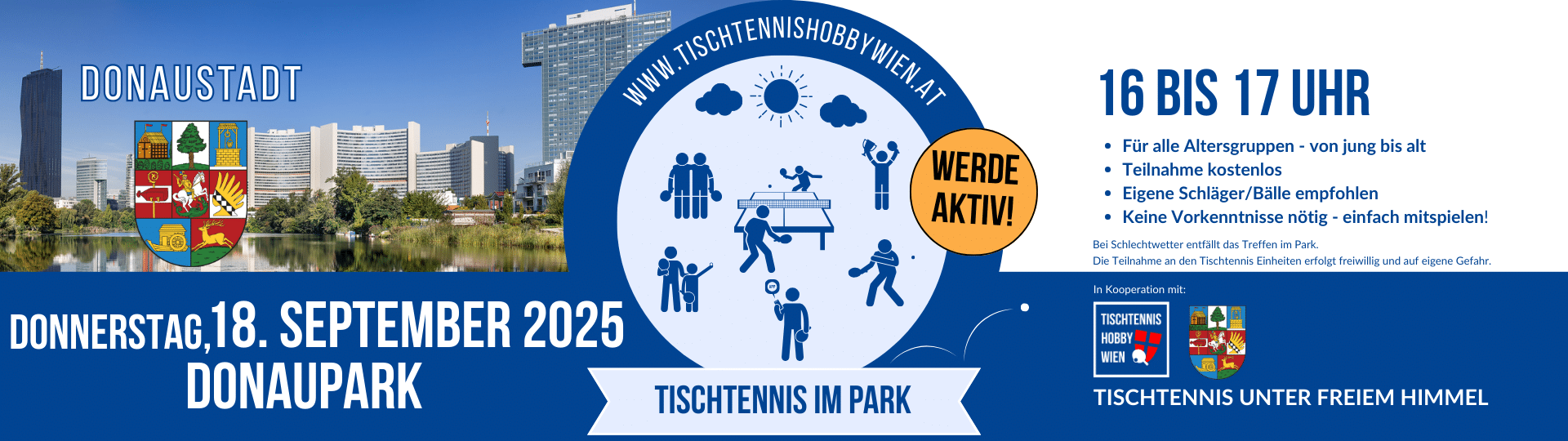 Tischtennis im Park - eine gemeinsame Aktion von Tischtennis Hobby Wien, dem Bezirk Donaustadt. Gemeinsam für mehr Bewegung, Aktivität und soziale Begegnung in Wiens Parks.