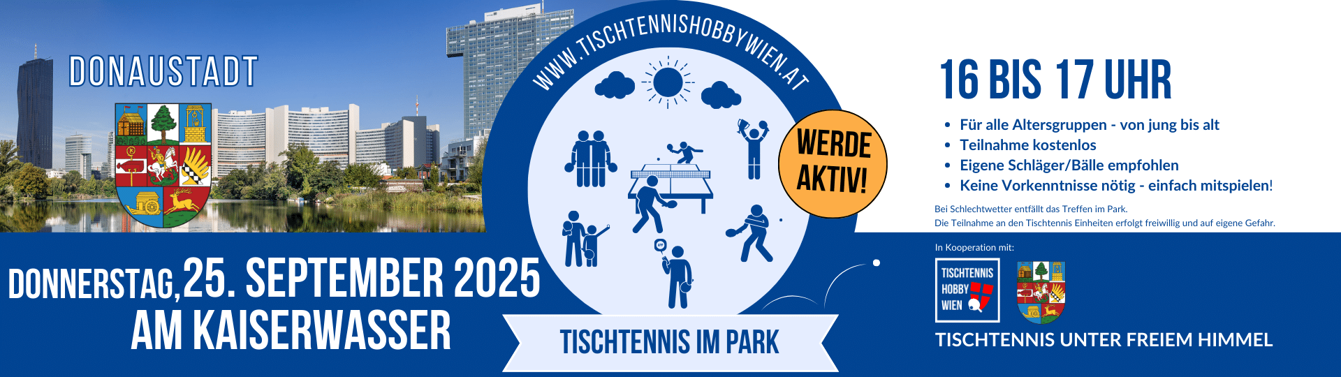 Tischtennis im Park - eine gemeinsame Aktion von Tischtennis Hobby Wien, dem Bezirk Donaustadt. Gemeinsam für mehr Bewegung, Aktivität und soziale Begegnung in Wiens Parks.