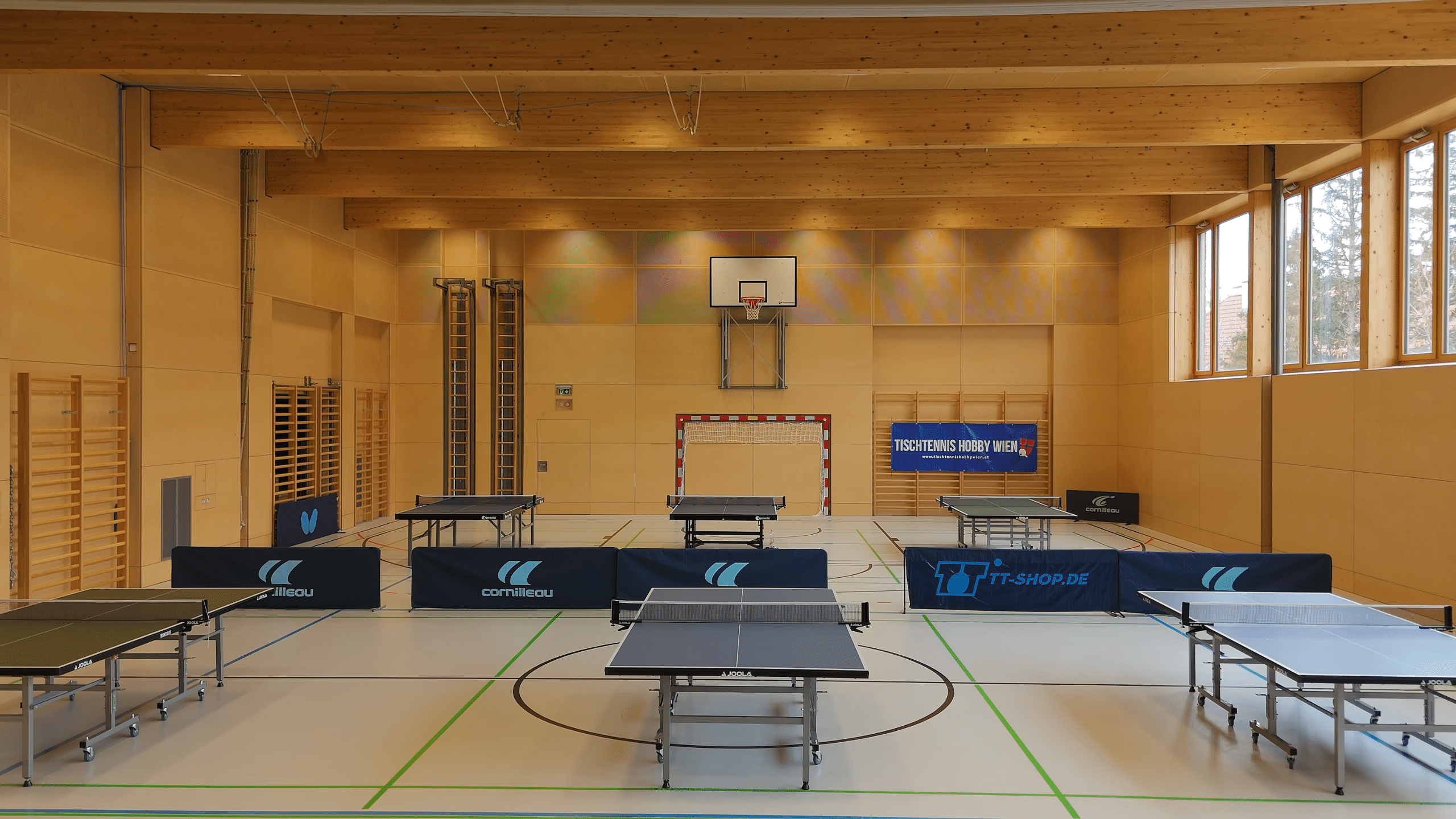 Die frisch erweiterte Tischtennis Halle von Tischtennis Hobby Wien in Floridsdorf: Ein heller, barrierefreier Sportraum mit über sechs professionellen Tischtennisplatten, inklusive spezieller Platten für Rollstuhlfahrer:innen für einen inklusiven Saisonstart 2026.